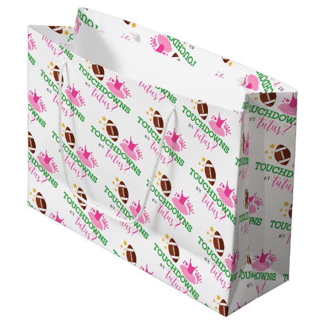 Touchdowns oder Tutus Gender Reveal Große Geschenktüte (Vorderseite Schrägansicht)
