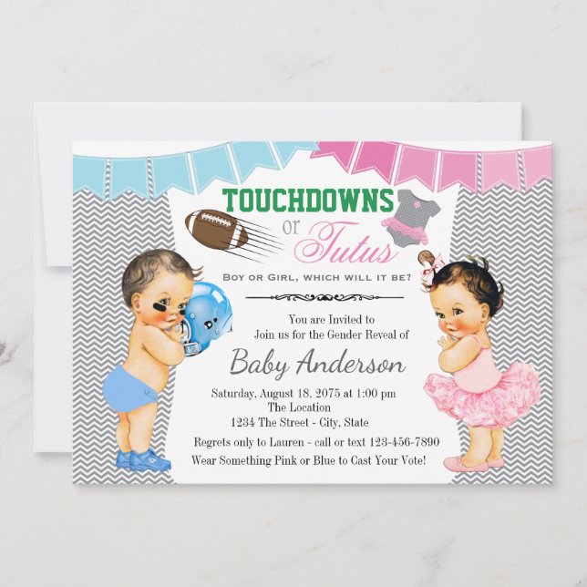 Touchdowns oder Tutus Gender Reveal Party Einladun Einladung (Vorderseite)