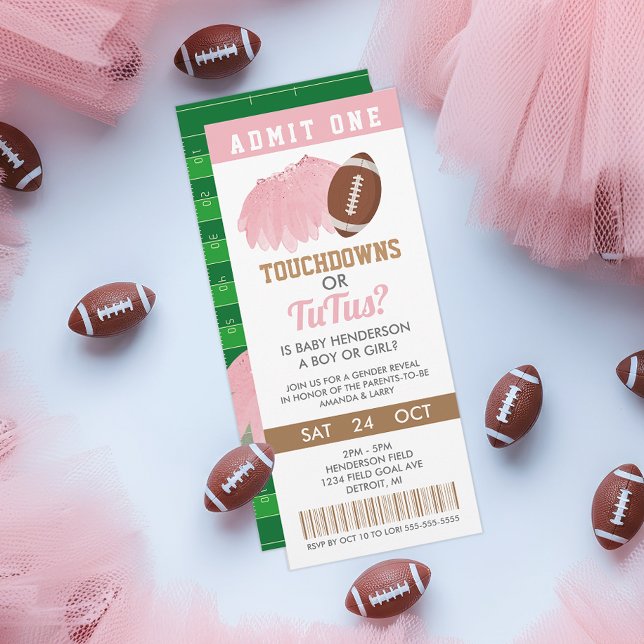 Touchdowns oder Tutus Geschlecht Enthüllung Ticket Einladung (Touchdowns or Tutus Gender Reveal Ticket Invitation)