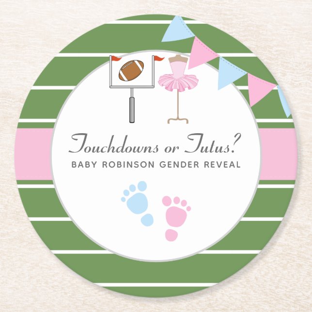 Touchdowns oder Tutus Geschlecht Enthüllungsfeier Runder Pappuntersetzer (Vorderseite)