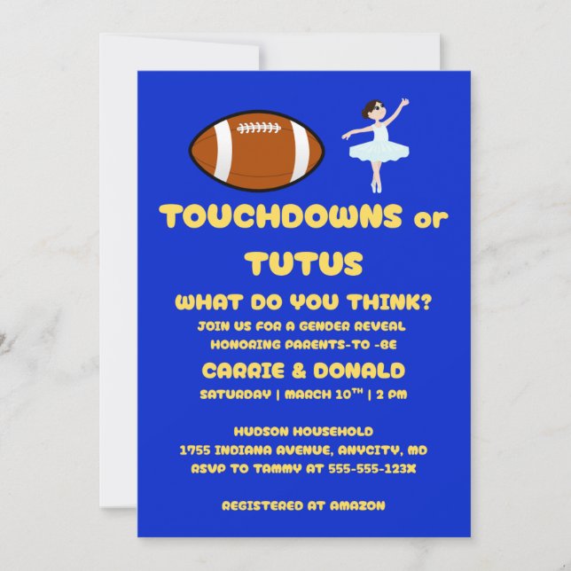 Touchdowns oder Tutus Geschlechtsenthüllungsfeier Einladung (Vorderseite)