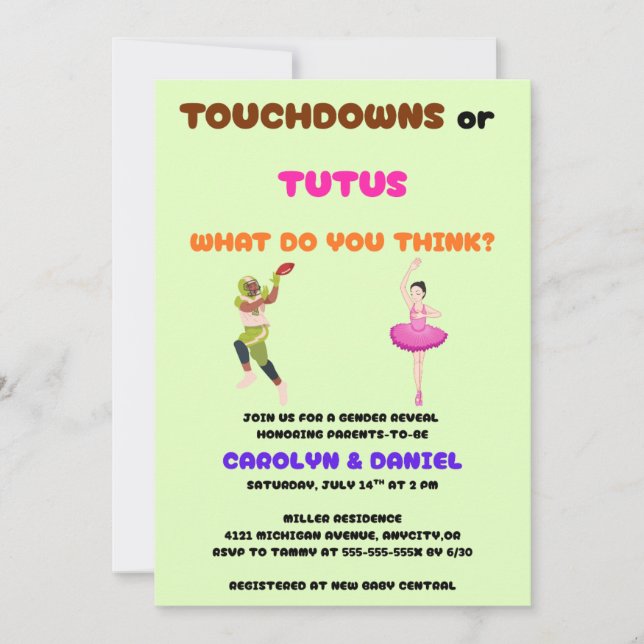 Touchdowns oder Tutus Geschlechtsenthüllungsfeier Einladung (Vorderseite)