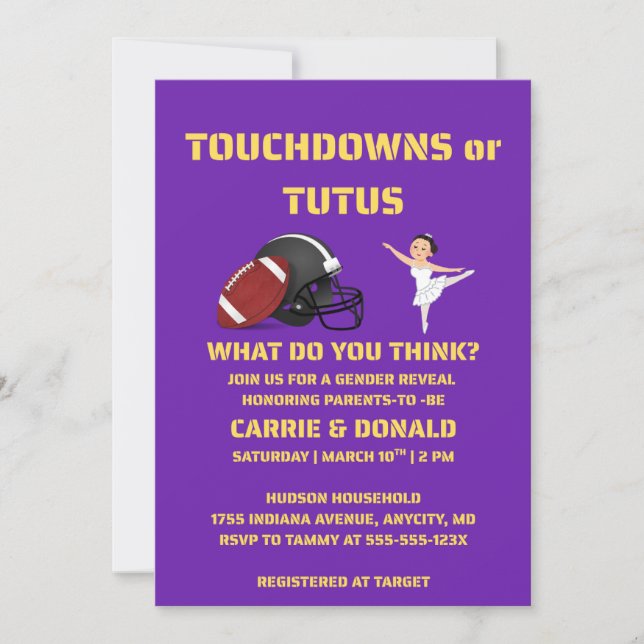 Touchdowns oder Tutus Geschlechtsenthüllungsfeier Einladung (Vorderseite)