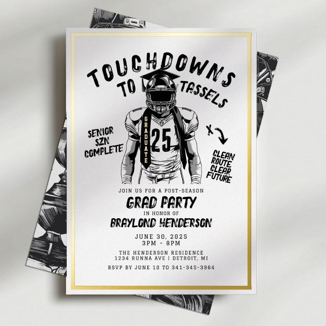 Touchdowns zum Tassels Football Grad Party Folieneinladung (Gold Foil Football Graduation Invitation)