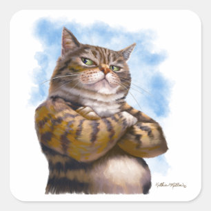 Tough Tabby Katze Cartoon Quadratischer Aufkleber