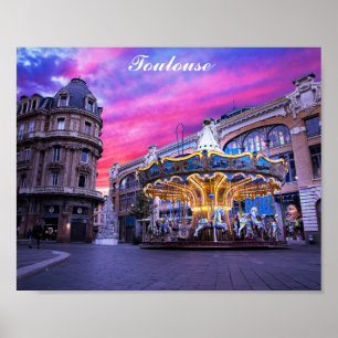 Toulouse France Carousel Sunset Travel Poster