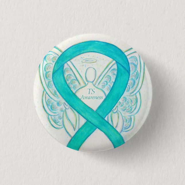 Tourette's (TS) Awareness Ribbon Aquamarin Angel B Button (Vorderseite)