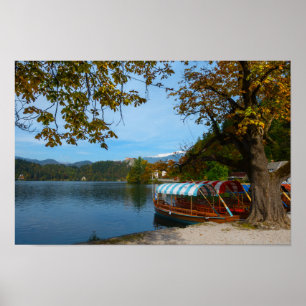 Touristenboote im Bled-See im Herbst Poster