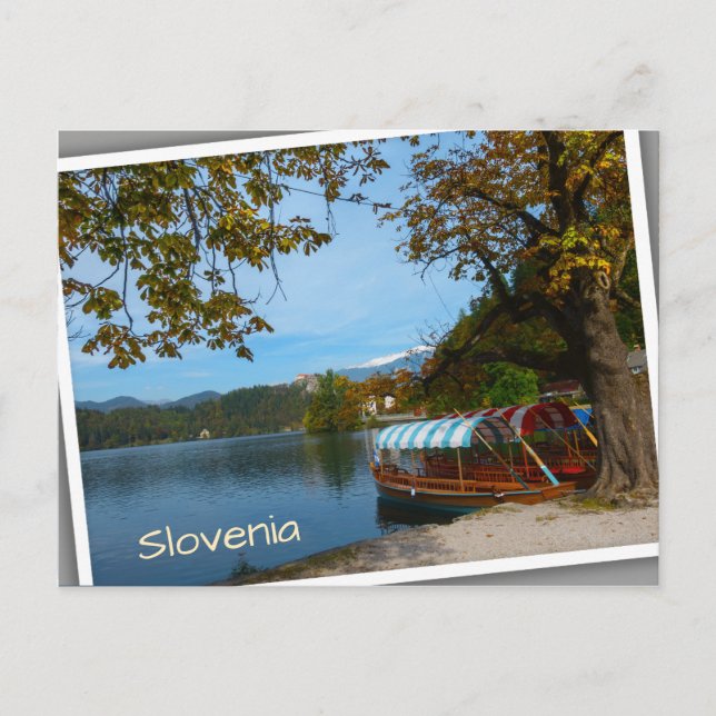 Touristenboote im Bled-See im Herbst Postkarte (Vorderseite)
