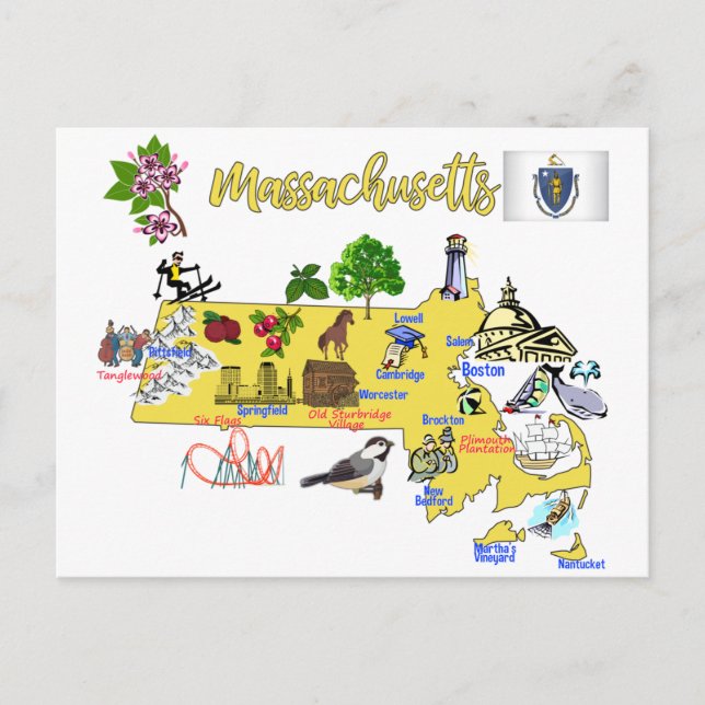 Touristenkarte von Massachusetts Staat Postkarte (Vorderseite)
