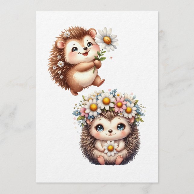  Tow cuteRomantic Floral Hedgehog Duo Illustration Einladung (Vorderseite)