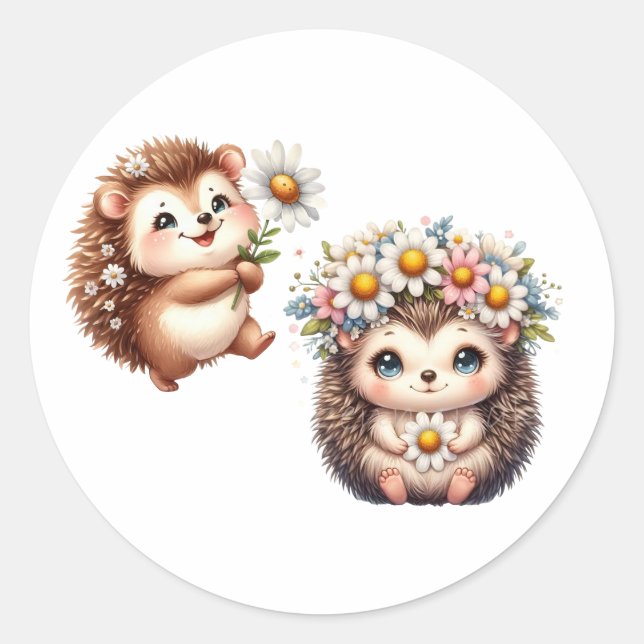  Tow cuteRomantic Floral Hedgehog Duo Illustration Runder Aufkleber (Vorderseite)
