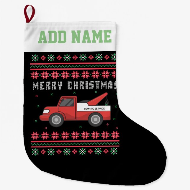 Tow Truck Ugly Christmas Sweater Großer Weihnachtsstrumpf (Vorderseite)