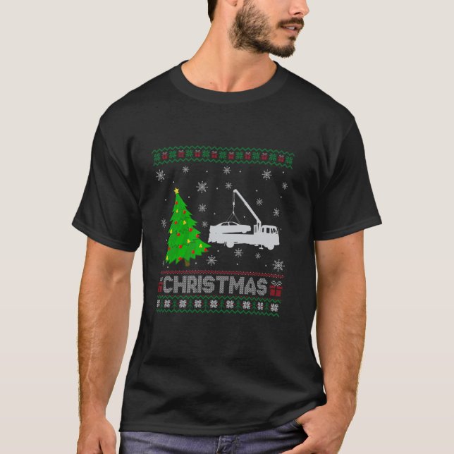 Tow Truck Xmas Tree Lighting Ugly Weihnachtsschwei T-Shirt (Vorderseite)
