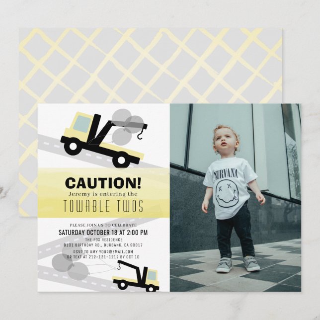 Towable Twos Wrecker 2. Geburtstag Einladung (Vorne/Hinten)