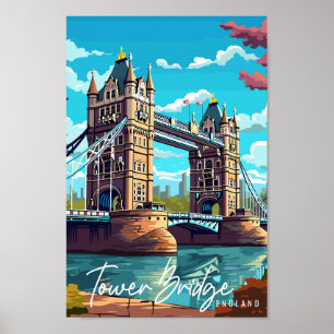 Tower Bridge England Vintage Illustration Poster