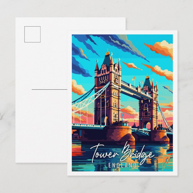 Tower Bridge England Vintage Illustration Postkarte (Vorne/Hinten)