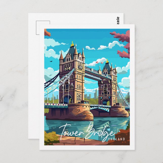 Tower Bridge England Vintage Illustration Postkarte (Vorne/Hinten)