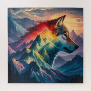 Towering Mountain Silhouette Wolf Sunset Puzzle