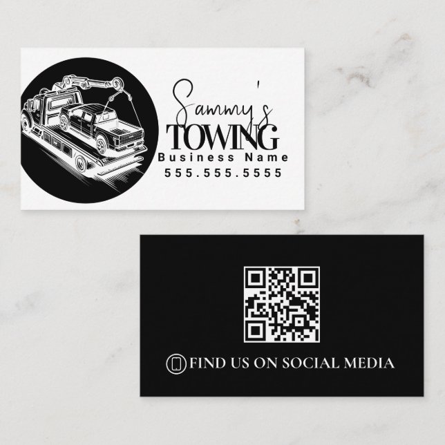 Towing Services QR Code Black and White Visitenkarte (Vorne/Hinten)