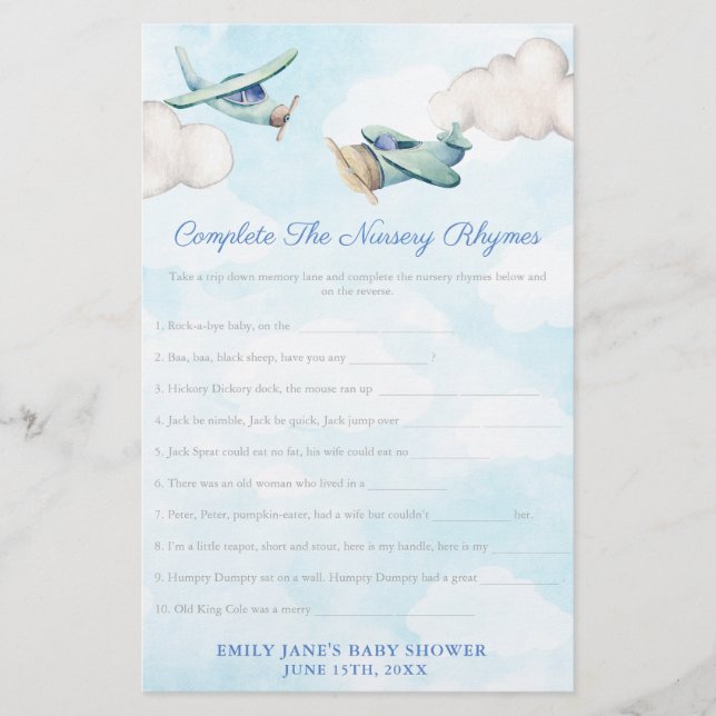 Toy Airplane Nursery Rhymes Baby Shower Game Card Flyer (Vorne)