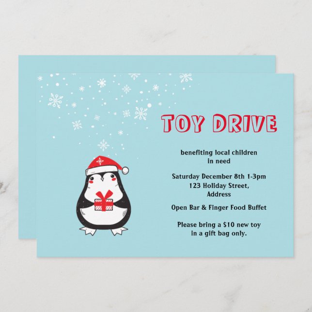 Toy Drive Niedlich Santa Penguin Einladung (Vorne/Hinten)
