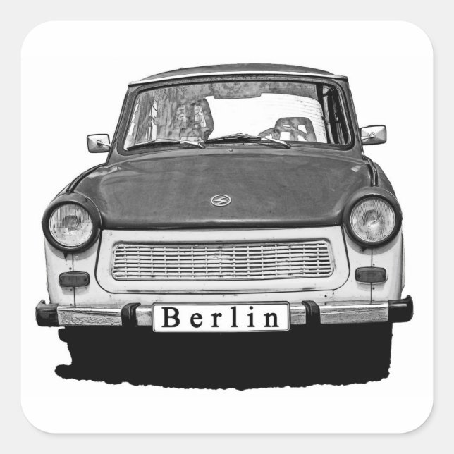 Trabant Car Front, Black and White, Berlin Quadratischer Aufkleber (Vorderseite)