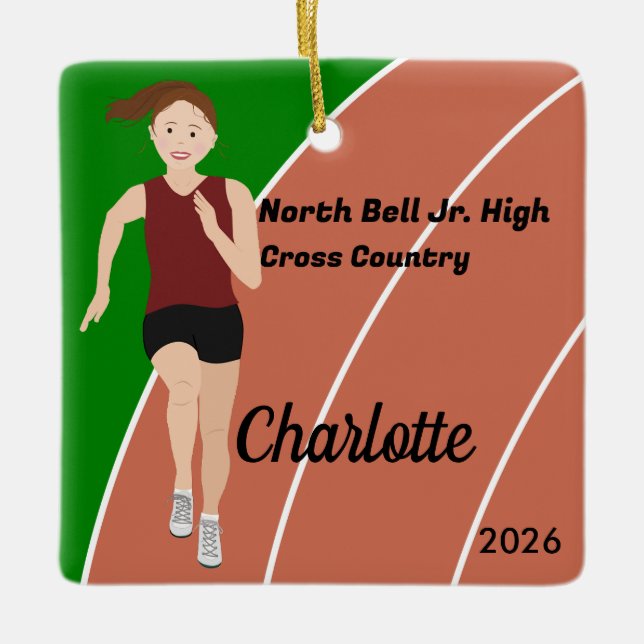 Track and Field Girl Brown Hair in Maroon Black Keramikornament (Vorderseite)
