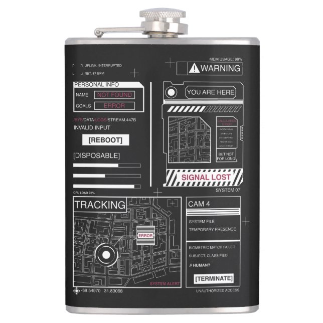 Tracking - Techno-Brutalist Streetwear Design Flachmann (Vorderseite)