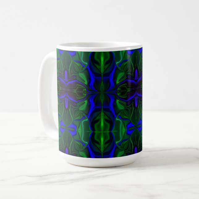 Traços azuis 'flutuando' sobre fundo verde. kaffeetasse (Vorderseite Links)