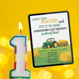 Tractor in Gear, 1st Birthday Einladung