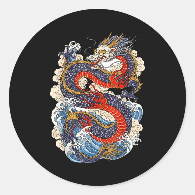 Traditional Chinese Dragon East Asia Dragon Ukiyoe Runder Aufkleber (Vorderseite)