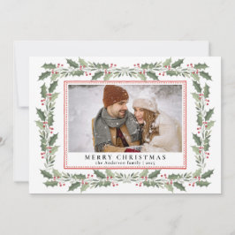 Traditional Christmas Holly Berries & Family Photo Feiertagskarte