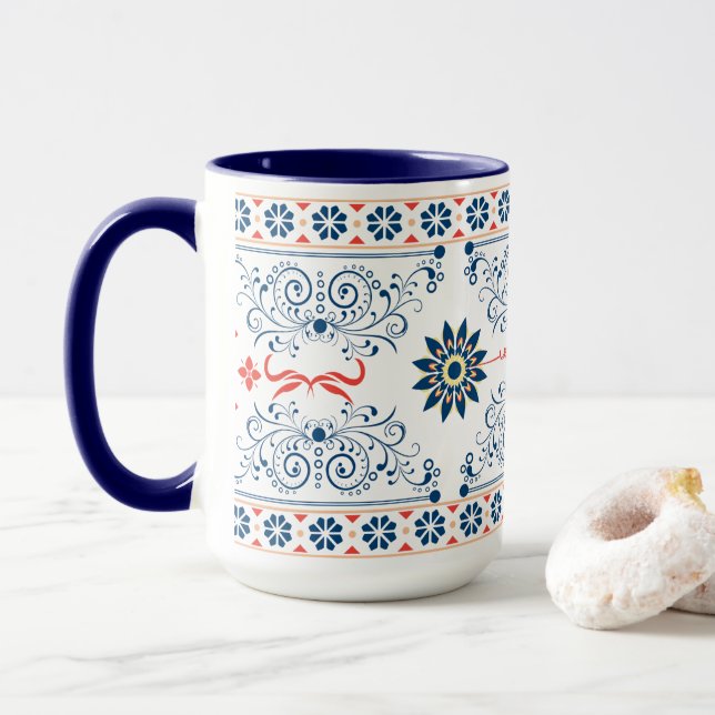 Traditional Folk Floral Pattern Mug Tasse (Mit Donut)