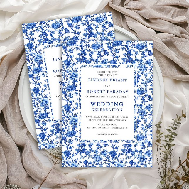 Traditional French Toile Blue Floral Wedding  Einladung (Traditional French Toile Blue Floral Wedding Invitation)
