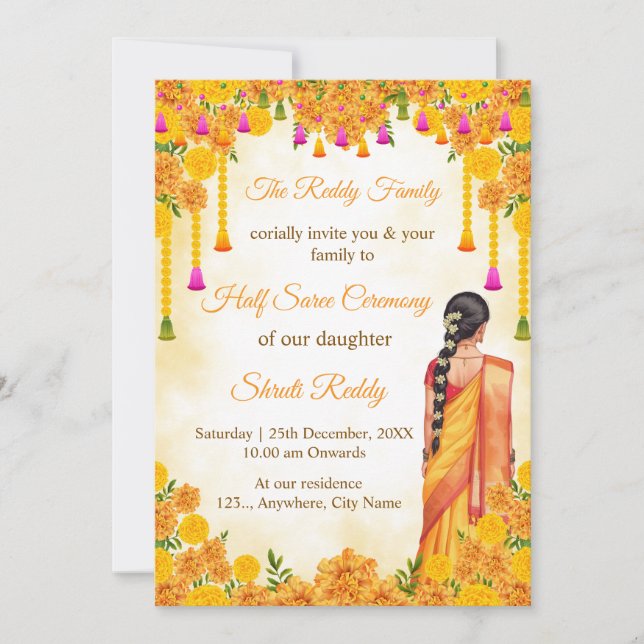 Traditional Half Saree Ceremony Invitation Einladung (Vorderseite)