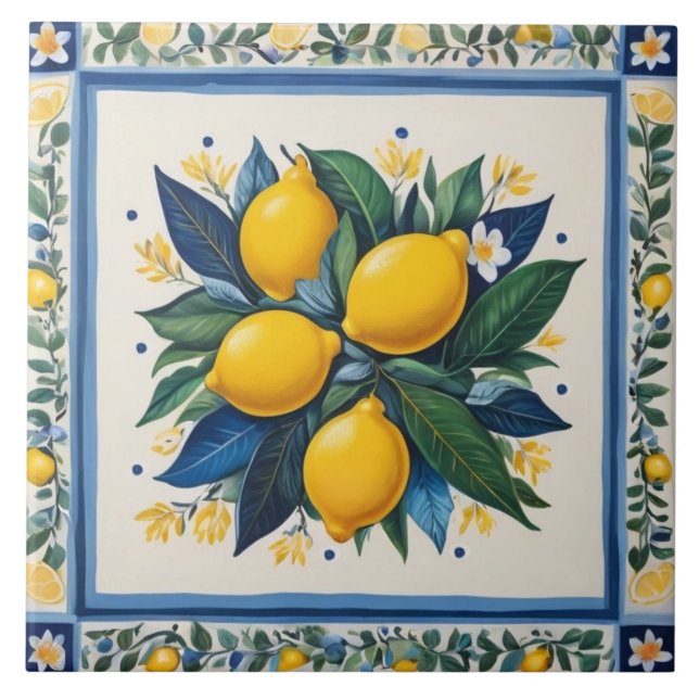Traditional Lemons Blue Green Yellow White Classic Fliese (Vorderseite)
