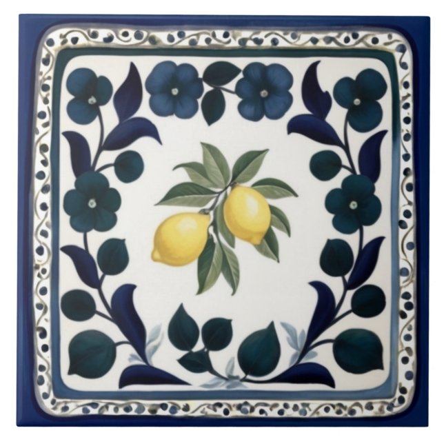 Traditional Lemons Dark Blue and White Floral Fliese (Vorderseite)