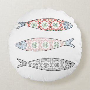 Traditional Portuguese icon. Colored sardines Rundes Kissen