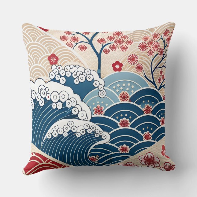 Traditional Red Blue Japanese Wave Sakura Pattern Kissen (Rückseite)