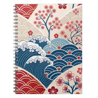 Traditional Red Blue Japanese Wave Sakura Pattern Notizblock
