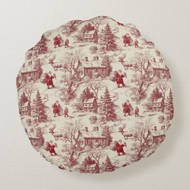Traditional Santa Claus Red on Cream Toile De Jouy Rundes Kissen (Rückseite)