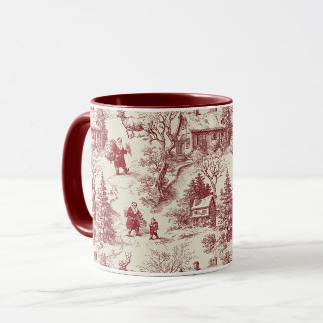 Traditional Santa Claus Red on Cream Toile De Jouy Tasse (Vorderseite Links)