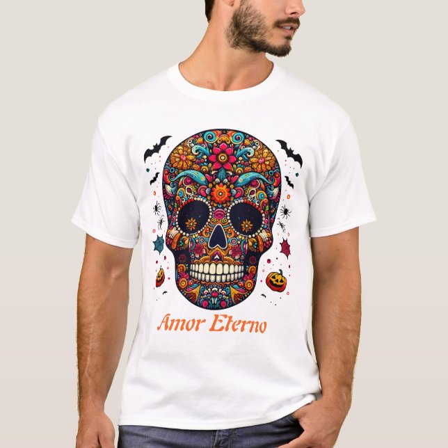 Traditional Sugar Skull Halloween Mexican Art T-Shirt (Vorderseite)