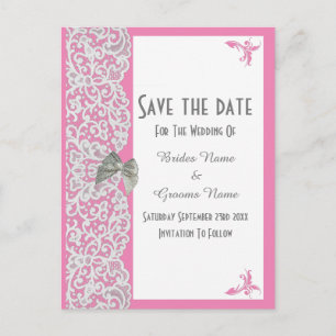 Traditionell rosa und weiße Spitze Save the Date Ankündigungspostkarte