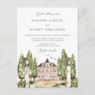 Traditionelle Aquarell-Englische Manor-Hochzeit Einladungspostkarte