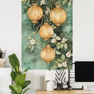 Traditionelle asiatische Laternen hängen vom Ast Poster