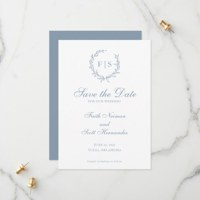 Traditionelle Blaue Monogramm-Kranke Save the Date (Vorderseite/Rückseite Beispiel)