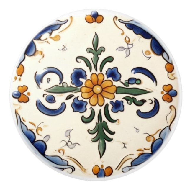 Traditionelle Blume Mittelmeer Blauer Creme Keramikknauf (Vorderseite)