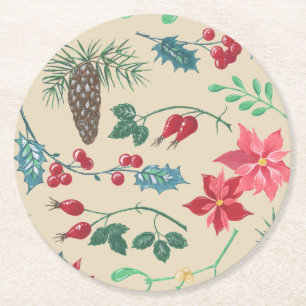 Traditionelle botanische Weihnachten (beige) Runder Pappuntersetzer